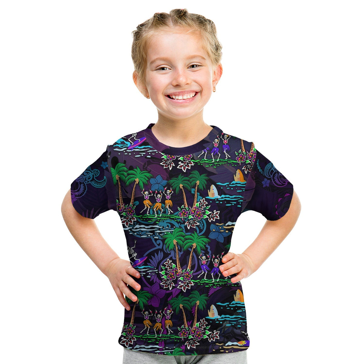 Purple Hawaiian T-shirt on child with front tropical graphic, dancing skeletons and palms