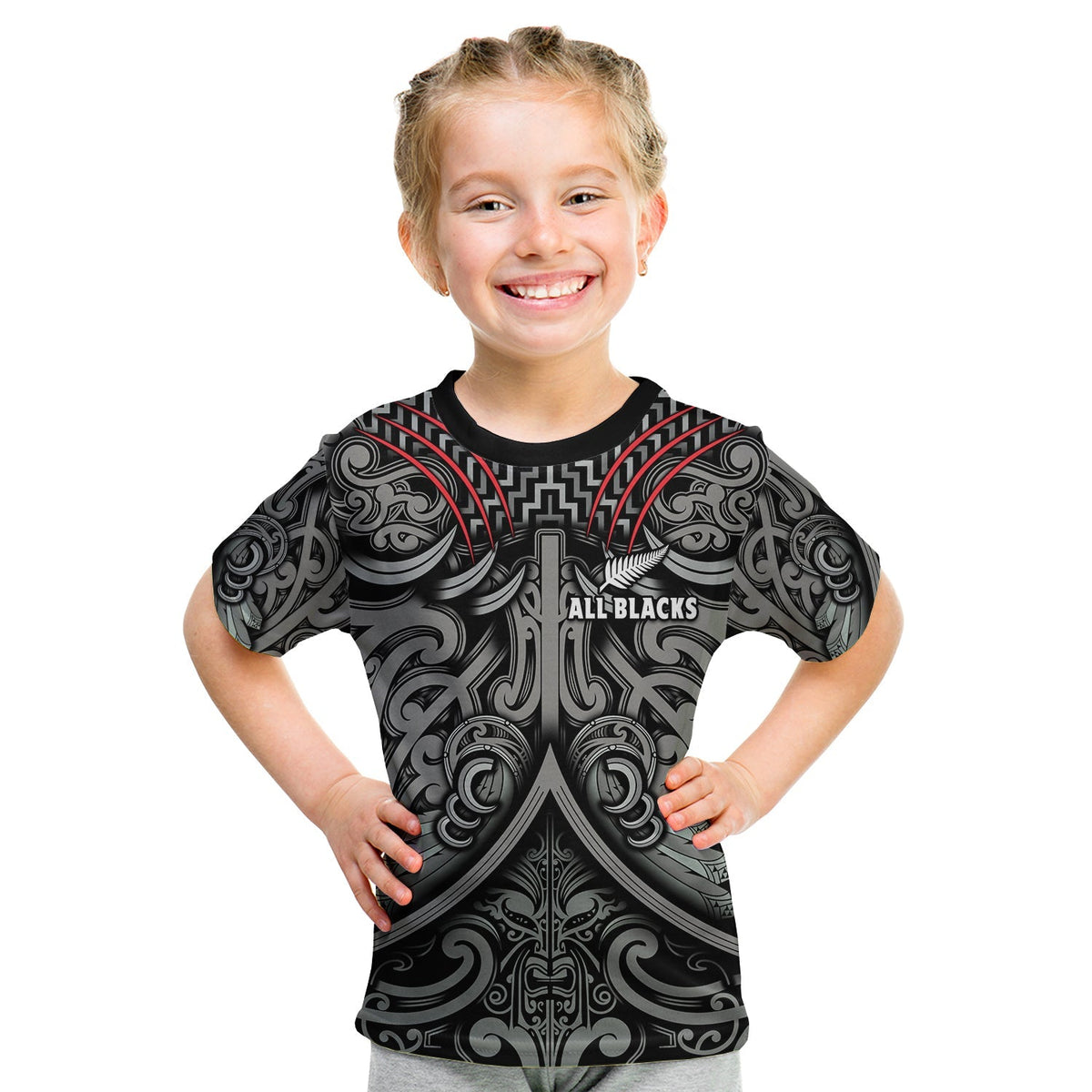 Black rugby T-shirt with Maori-style print, red accents, and ALL BLACKS emblem.
