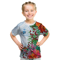 Kids Fiji tropical T-shirt with floral print, hibiscus flowers, and tapa pattern