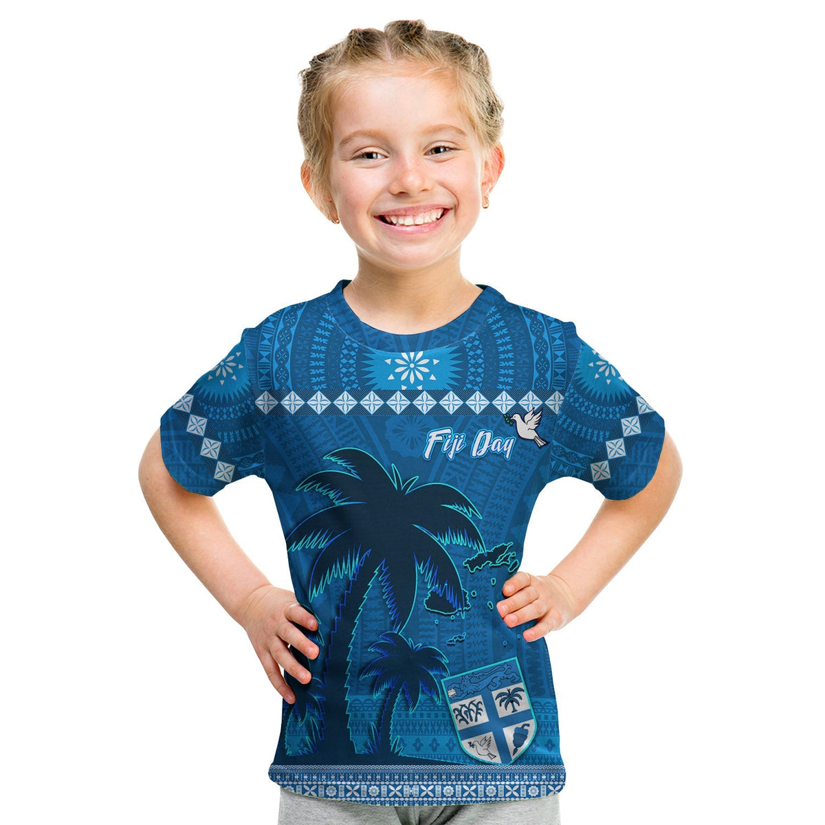 Blue Fiji Day T-shirt with palm tree graphic, 'Fiji Day' text, blue geometric border