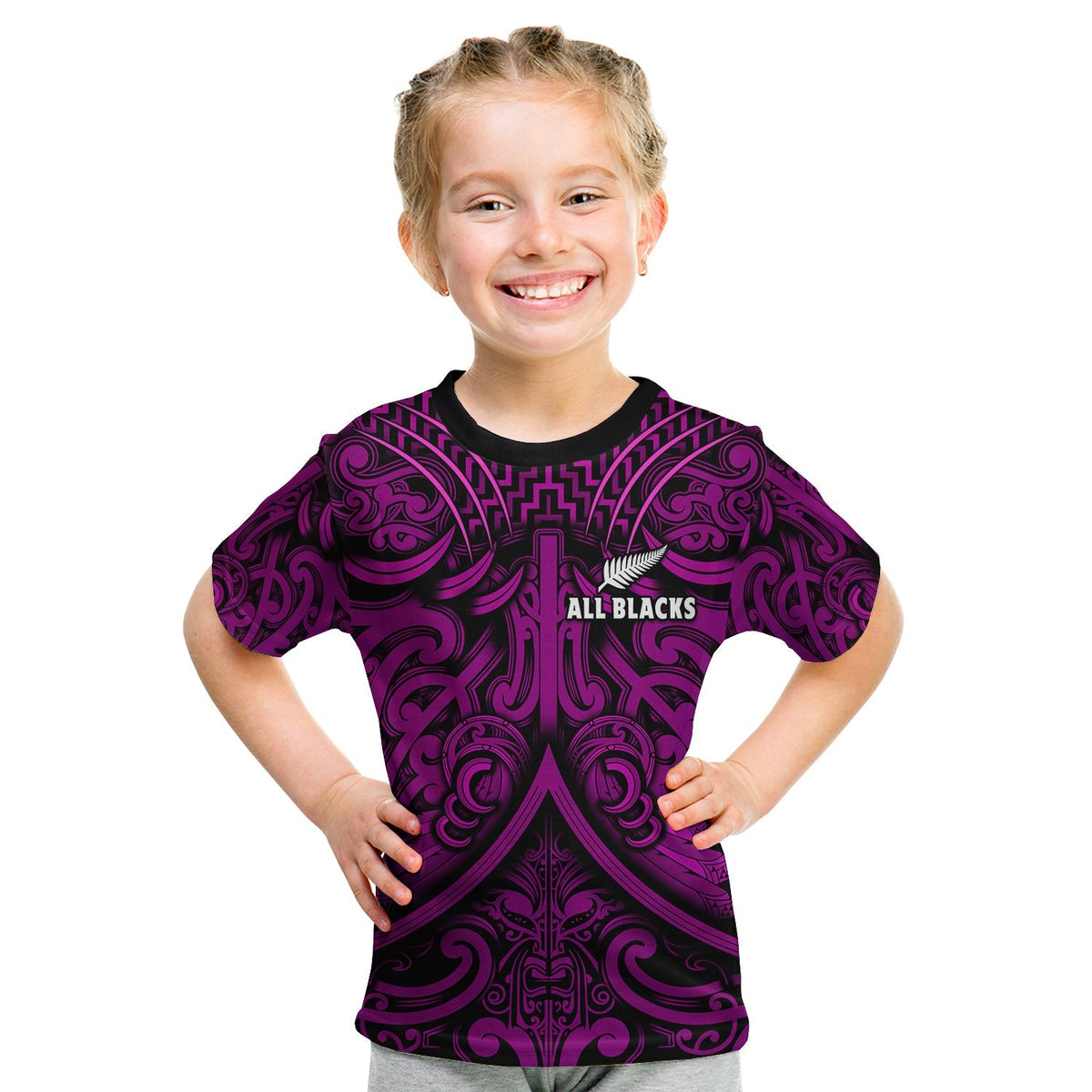 Kids purple and black rugby T-shirt with Maori-style pattern and All Blacks logo