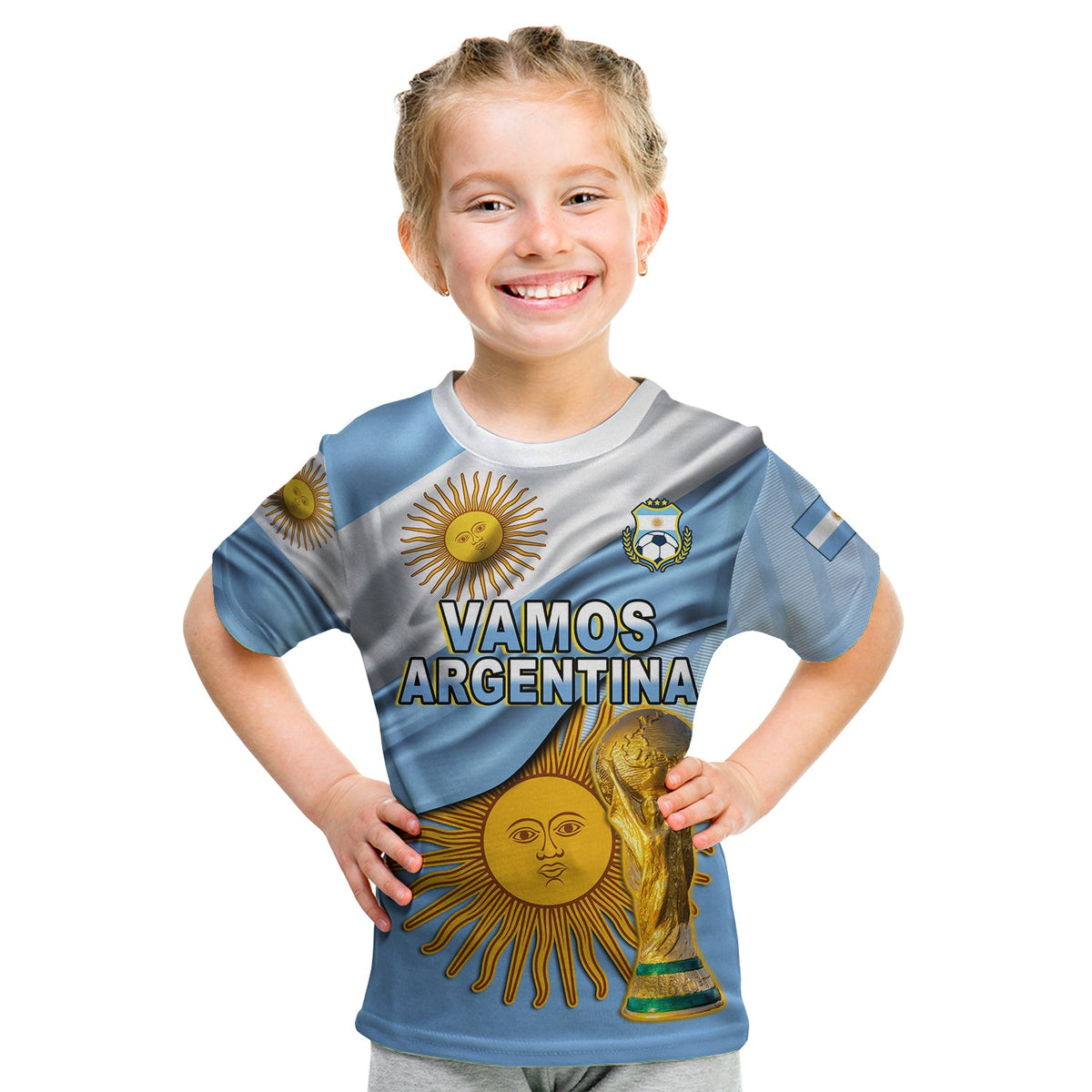 (Custom Text and Number) Football T Shirt KID Vamos La Albiceleste Champions World Cup Vibe Flag LT13 - Wonder Print Shop