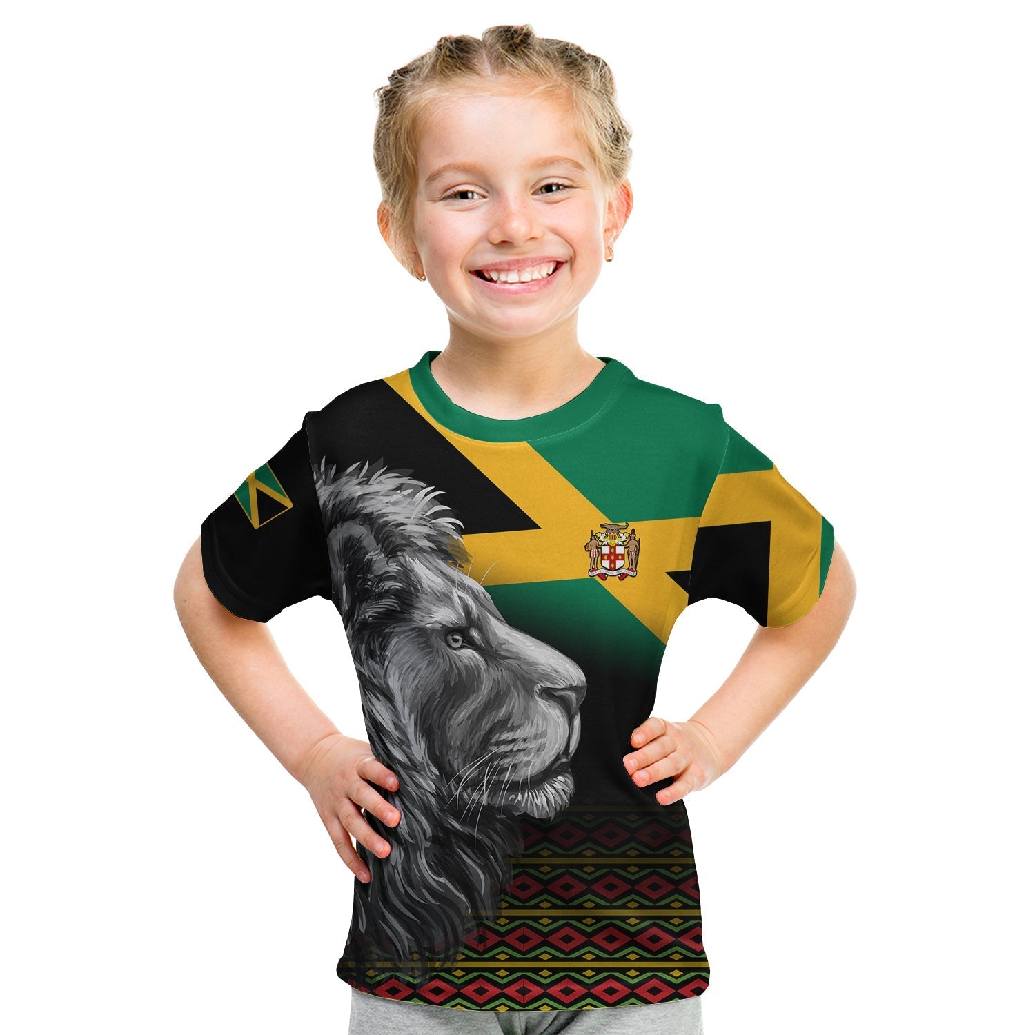 Jamaica Lion T Shirt KID Jamaican Pattern Version Black LT13 - Wonder Print Shop