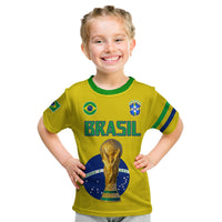 Brazil football T-shirt front: BRASIL lettering with gold trophy, green-striped sleeves