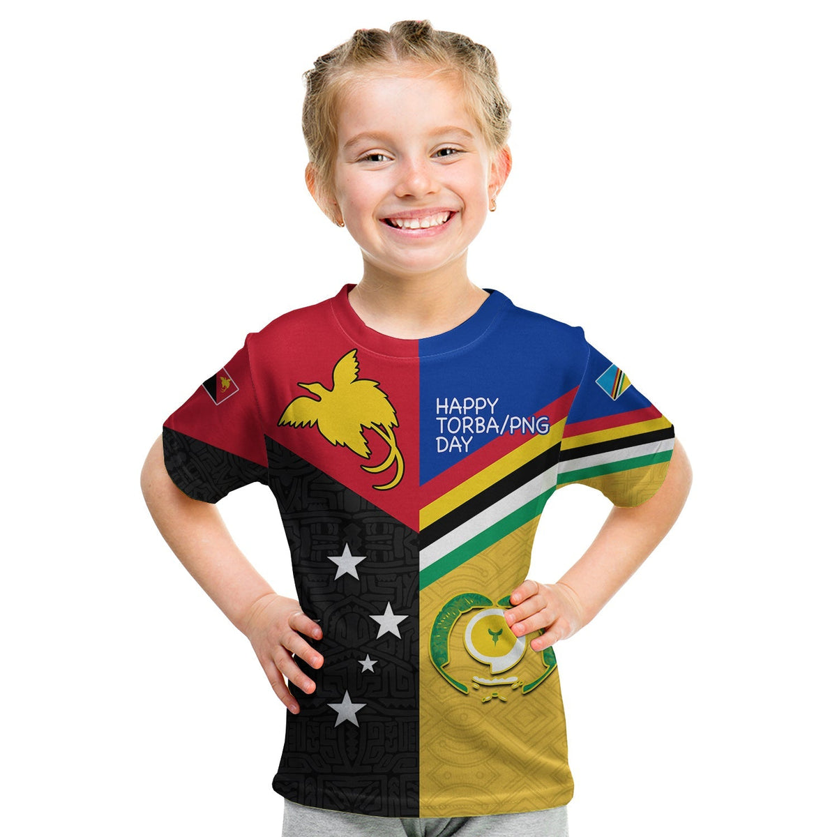 Kids' T-shirt with red, blue, yellow, black geometric print and star pattern