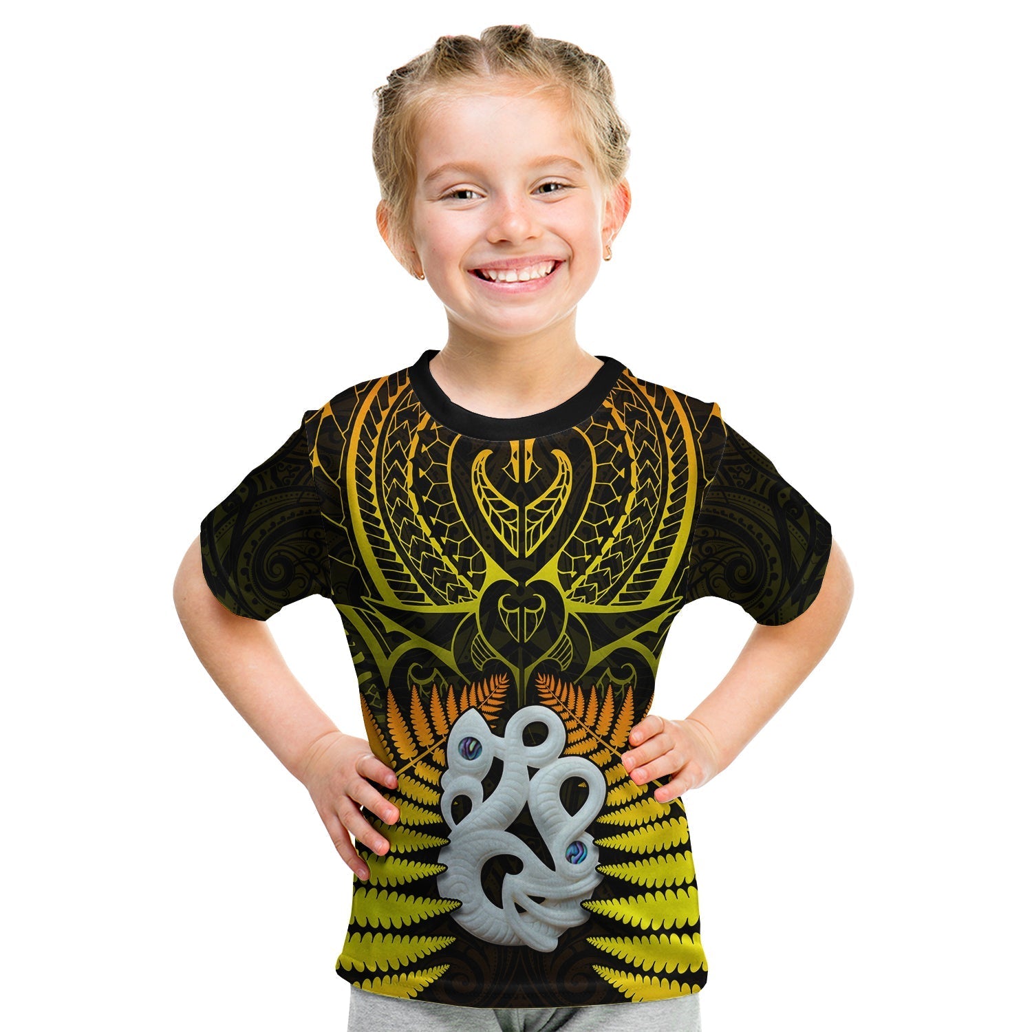 Aotearoa Fern T Shirt KID New Zealand Hei Tiki Gold Style LT13 - Wonder Print Shop