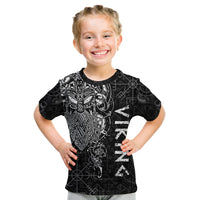 Kid black Viking Odin rune T-shirt, front warrior illustration and symbols