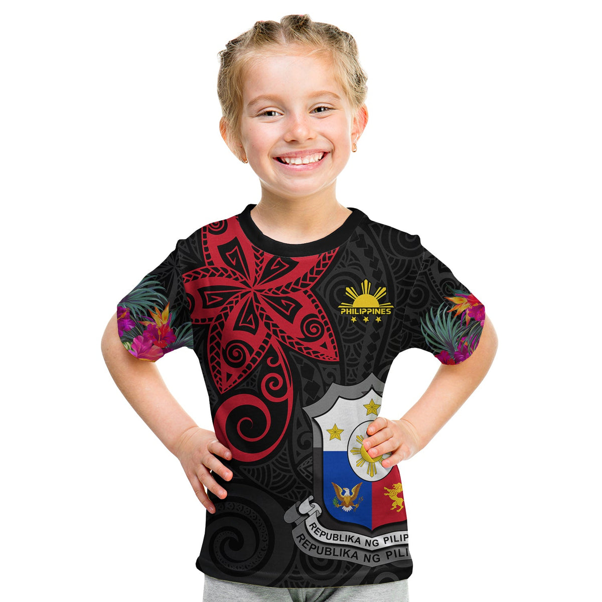 Custom Philippines T Shirt Sun Filipino Polynesian mix Flowers Black Vibe LT13 - Wonder Print Shop