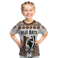Kids rugby T-shirt with brown collar, Fiji Bati front graphic and patterned sleeves