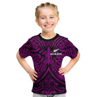 Kids rugby T-shirt with purple and black Maori-style pattern and crest