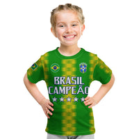 Kids Brazil football T-shirt, green with graphic text and stars at chest