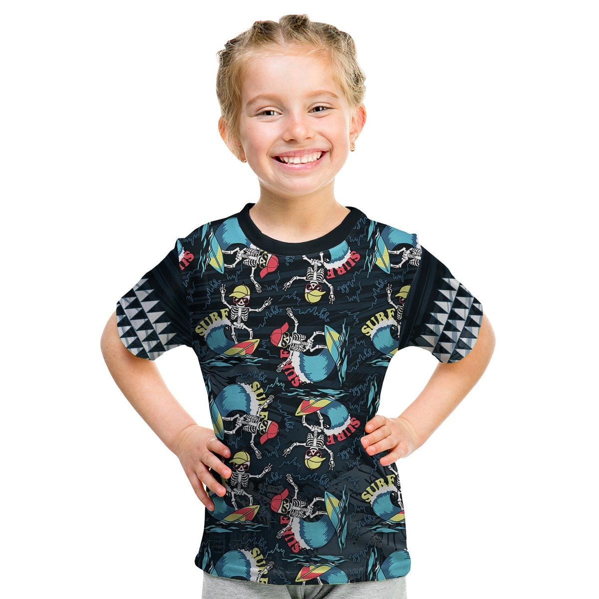 Kids black T-shirt with skeleton surfer, surfboard, and wave print, crew neck