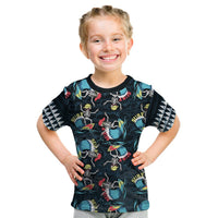 Kids black T-shirt with skeleton surfer, surfboard, and wave print, crew neck