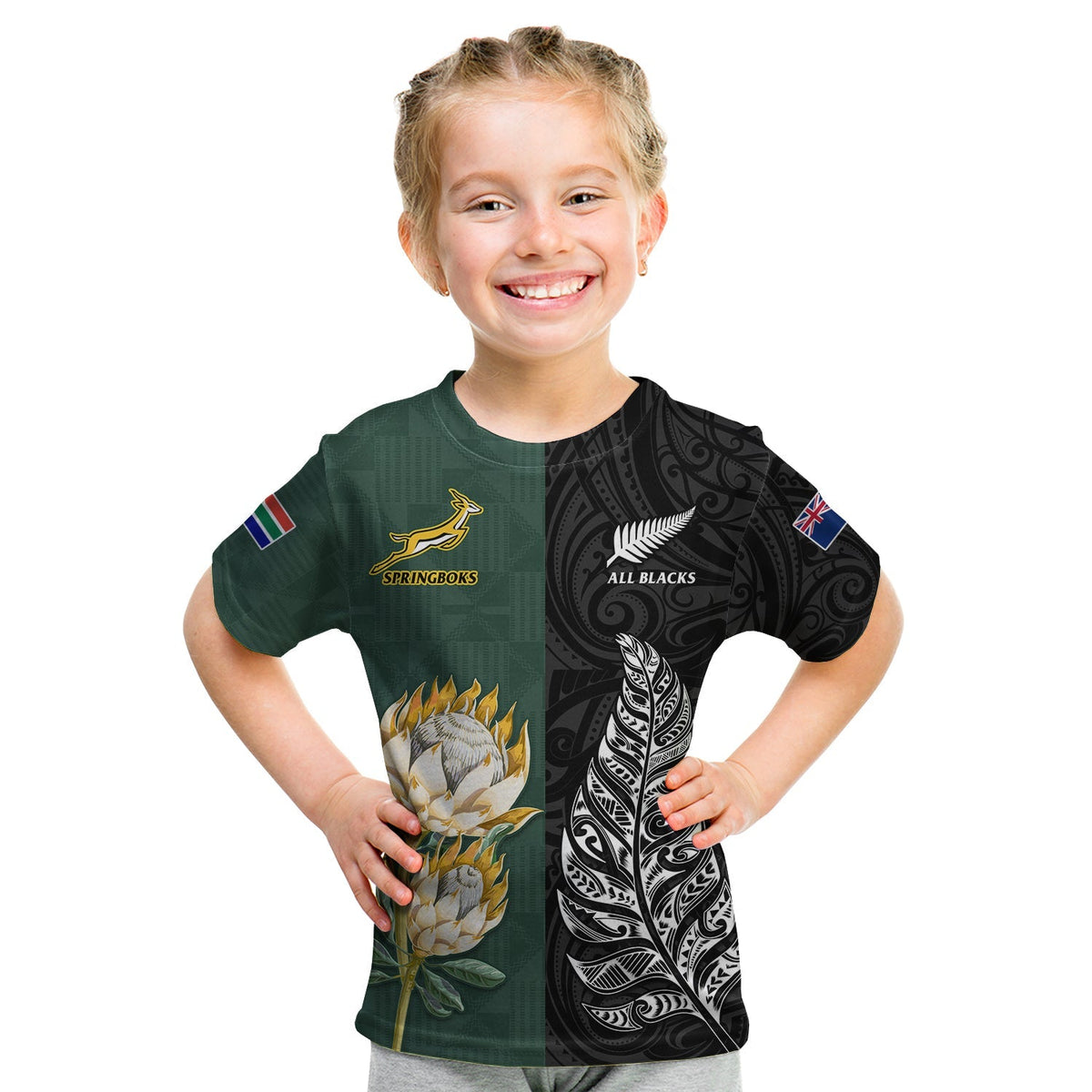 Custom Text and Number South Africa Protea and New Zealand Fern T Shirt KID Rugby Go Springboks vs All Black LT13 - Wonder Print Shop
