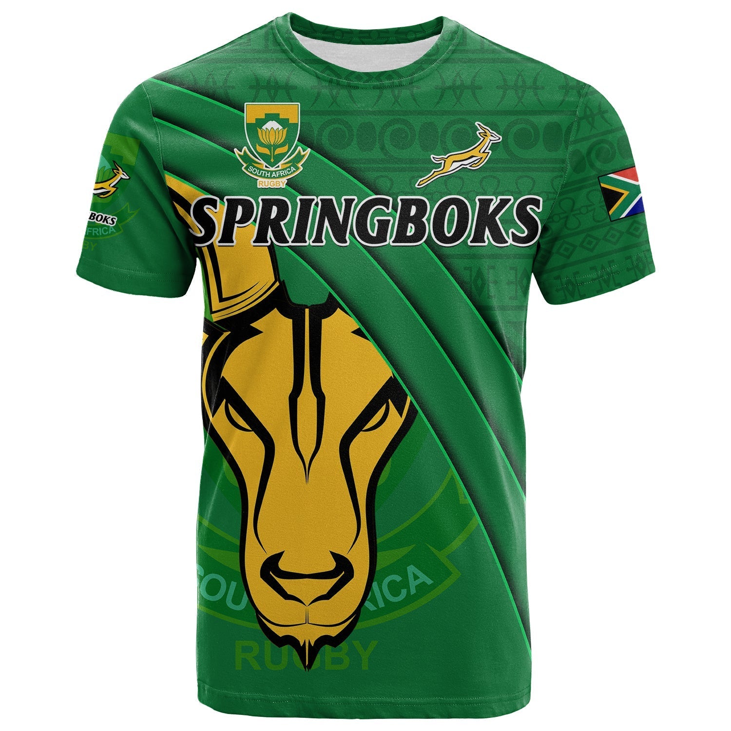 South Africa Rugby T Shirt Bokke Springbok With African Pattern Stronger Together - Wonder Print Shop