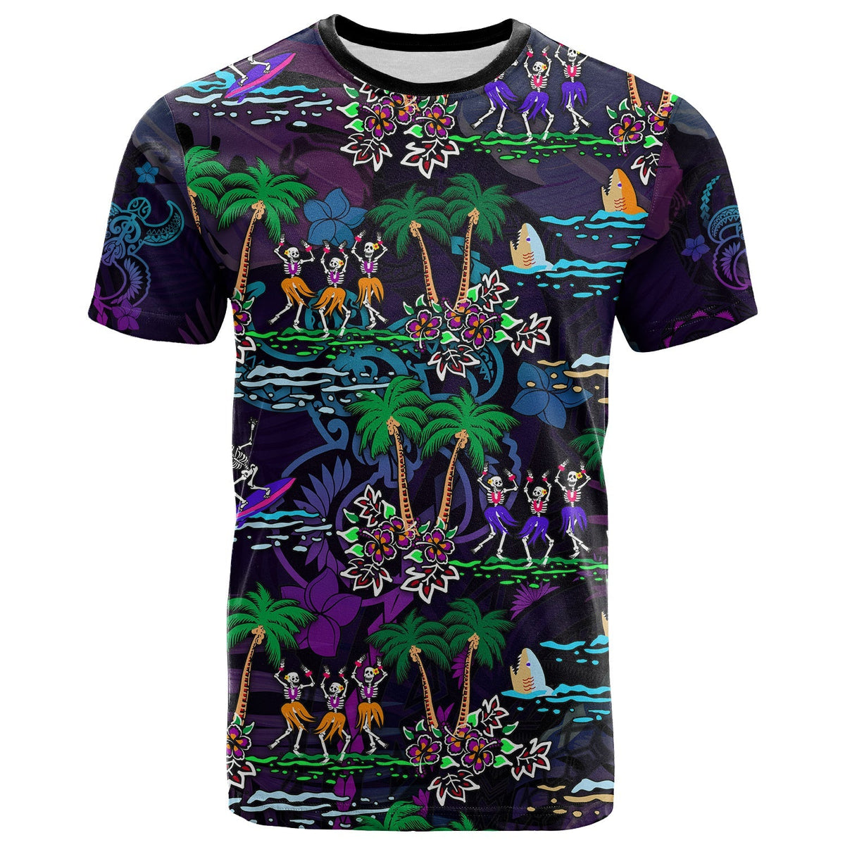 Purple Hawaiian T-shirt with front scene of dancing skeletons, palms, flowers, crew neck