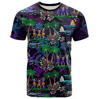Purple Hawaiian T-shirt with front scene of dancing skeletons, palms, flowers, crew neck