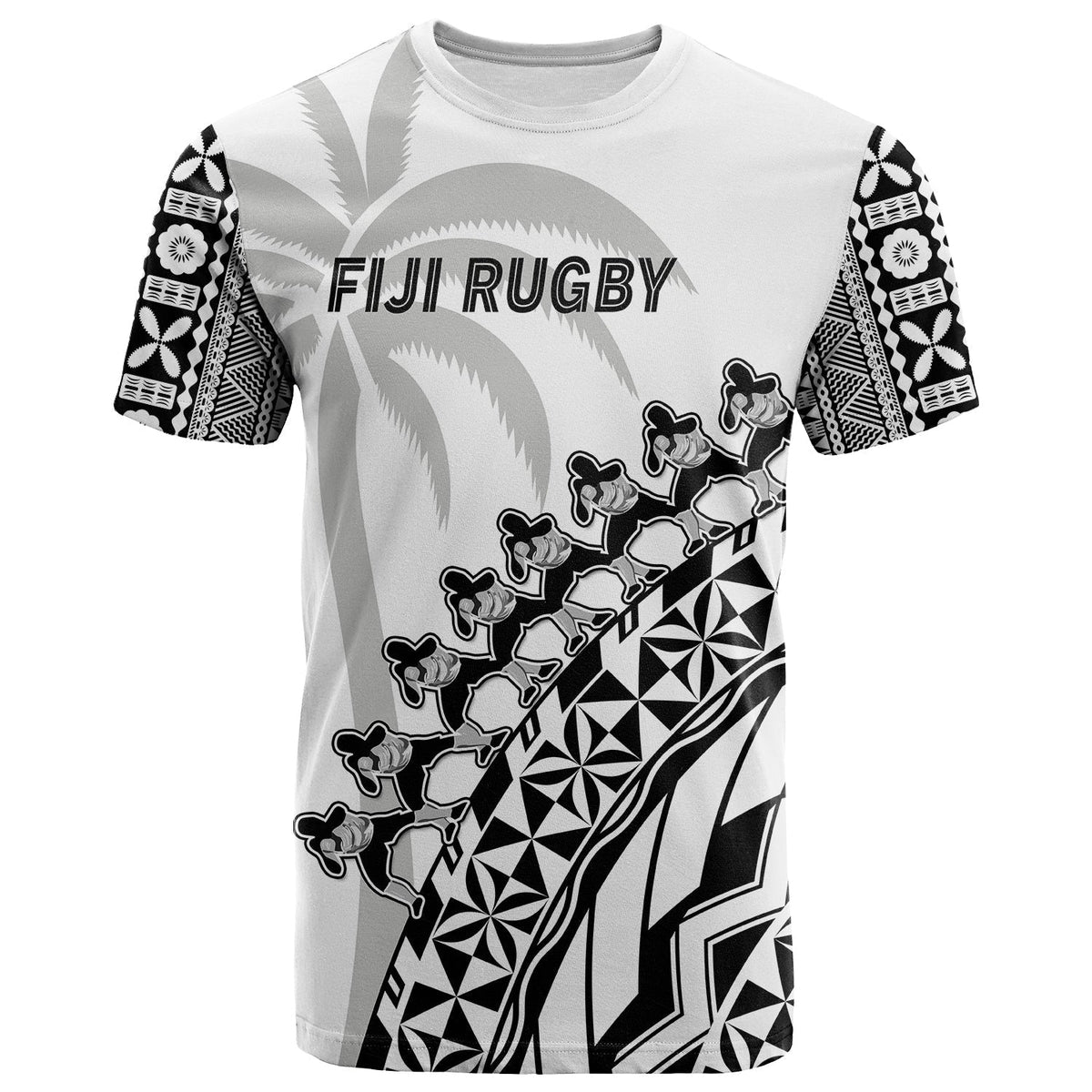 White rugby T-shirt with FIJI RUGBY chest print and black/gray tribal geometric design