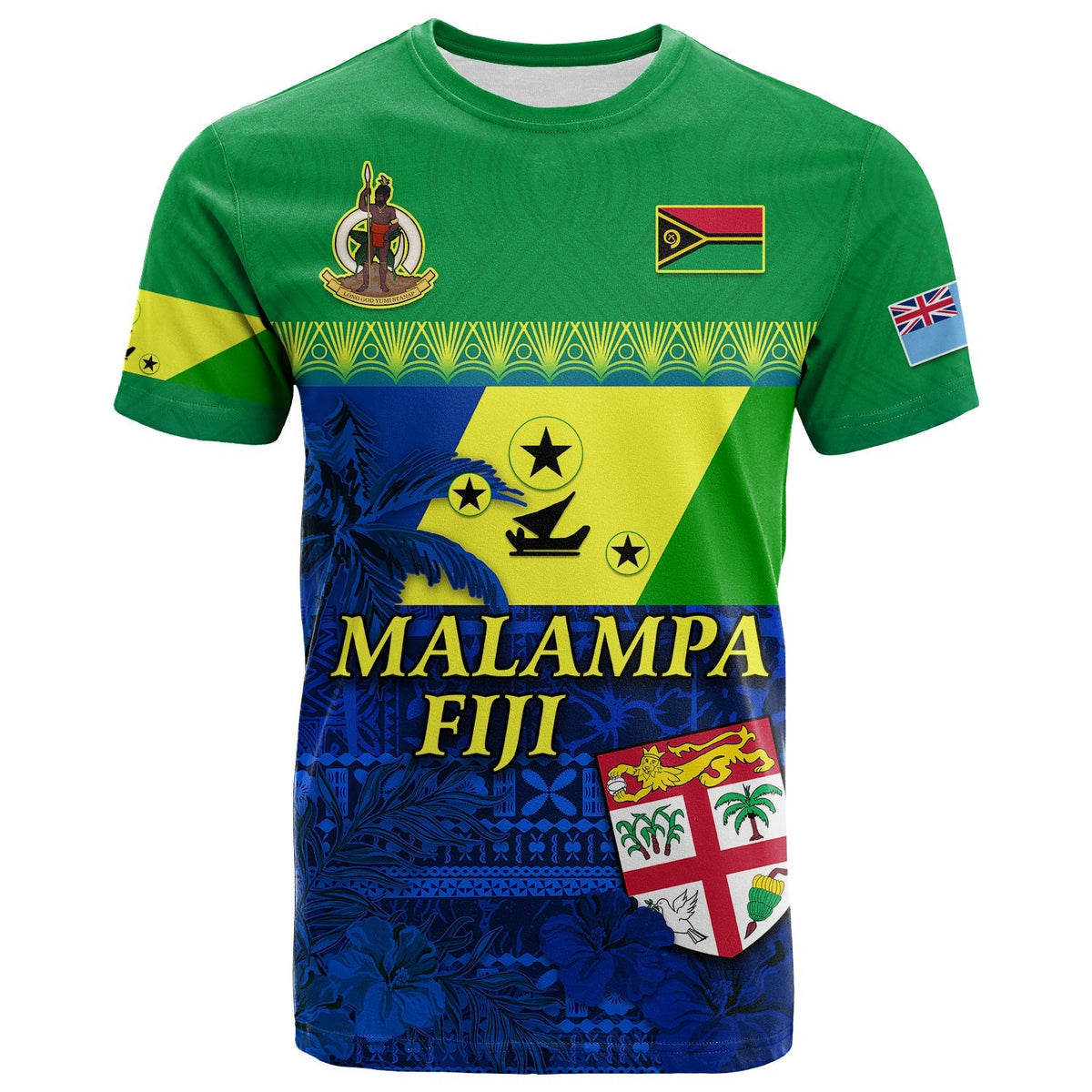 Green T-shirt with front graphic: Malampa Fiji, stars and floral print with flag patch