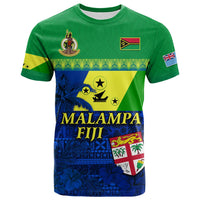 Green T-shirt with front graphic: Malampa Fiji, stars and floral print with flag patch