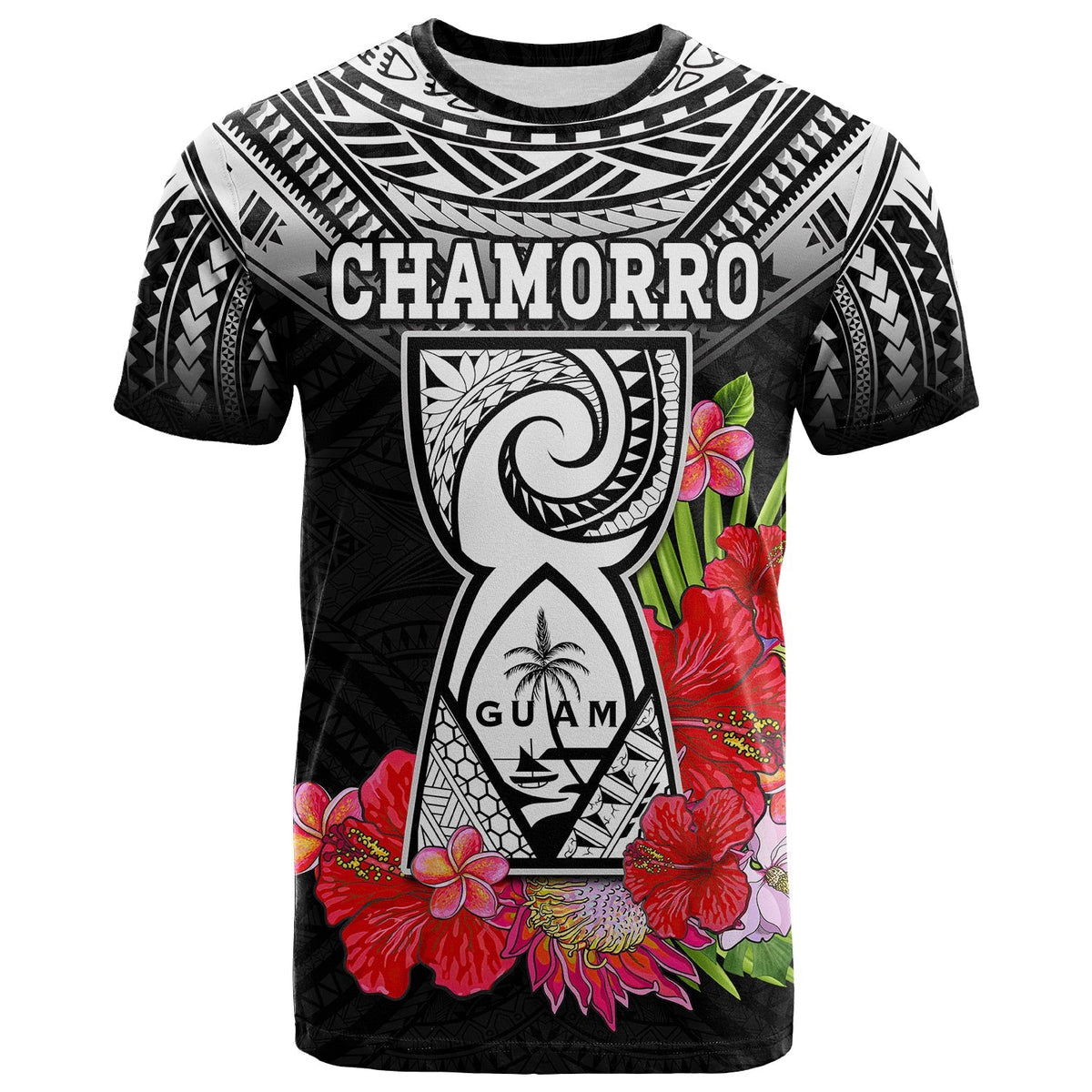 Black T-shirt with CHAMORRO title, Guam shield art, red flowers and green leaves