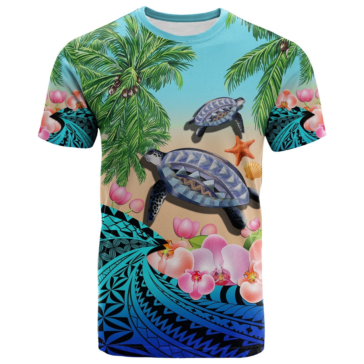 Polynesian Turtle Coconut Tree And Orchids T Shirt - Wonder Print Shop