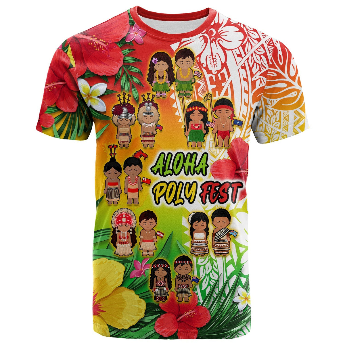 Tropical festival T-shirt with Aloha Poly Fest graphic and hibiscus blooms