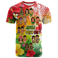 Tropical festival T-shirt with Aloha Poly Fest graphic and hibiscus blooms