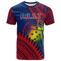 Blue graphic T-shirt with F.A.S.T logo, red geometric pattern and Polynesian wave design