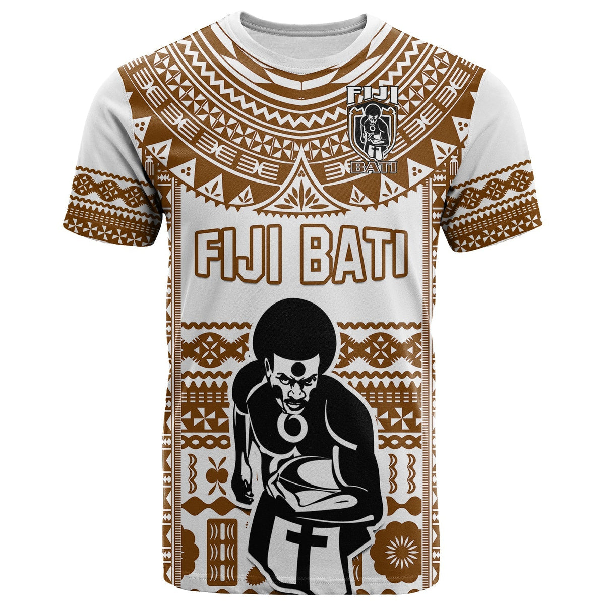 Custom Text And Number Fiji Rugby T Shirt Pacific The Bati Brown Fijian Tapa - Wonder Print Shop