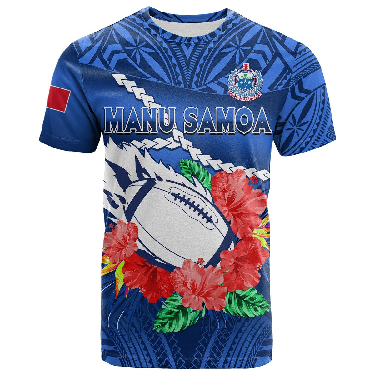 Samoa Rugby T Shirt Manu Samoa Polynesian Hibiscus Blue Style - Wonder Print Shop