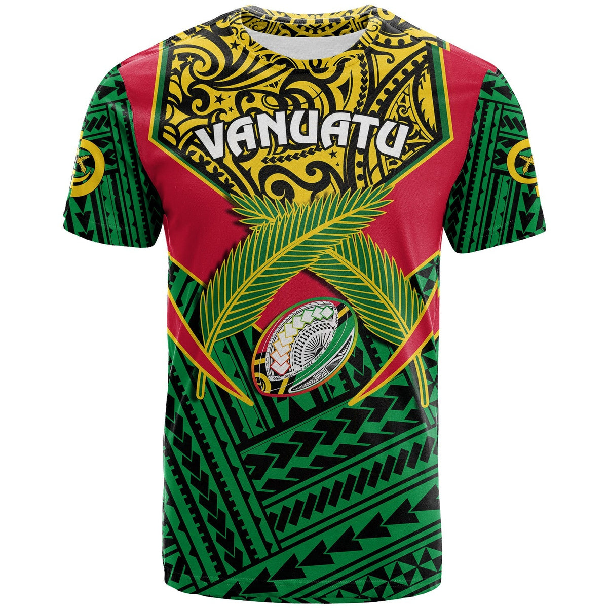 Custom Vanuatu Rugby T Shirt Coat Of Arms Polynesian Pattern - Wonder Print Shop