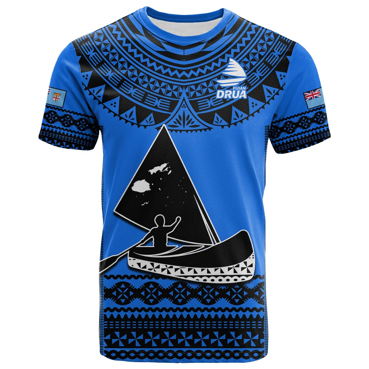 Blue rugby T-shirt with black triangle logo and geometric Polynesian band pattern