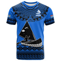 Blue rugby T-shirt with black triangle logo and geometric Polynesian band pattern