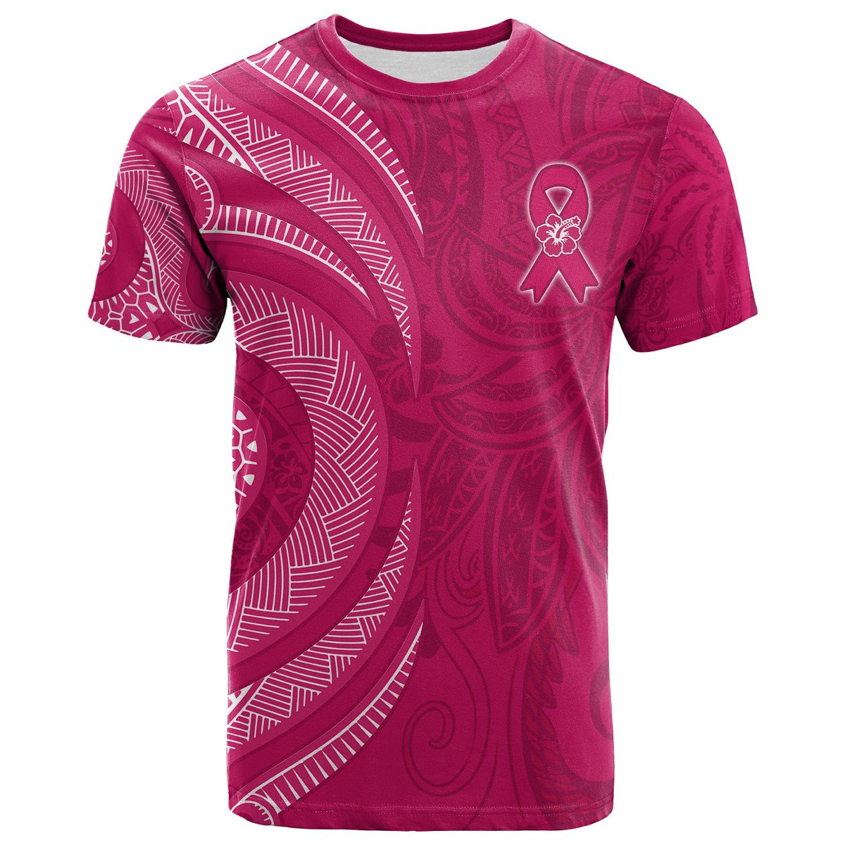 Pink T-shirt with white ribbon-and-flower emblem on chest; patterned curved sleeve
