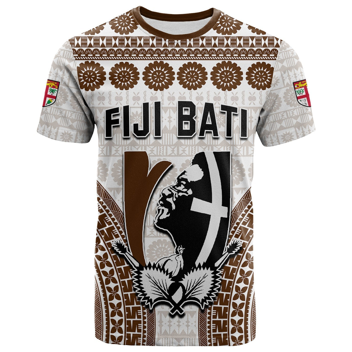 Rugby-style T-shirt, white with brown tapa pattern, 'FIJI BATI' and crest graphic on front.