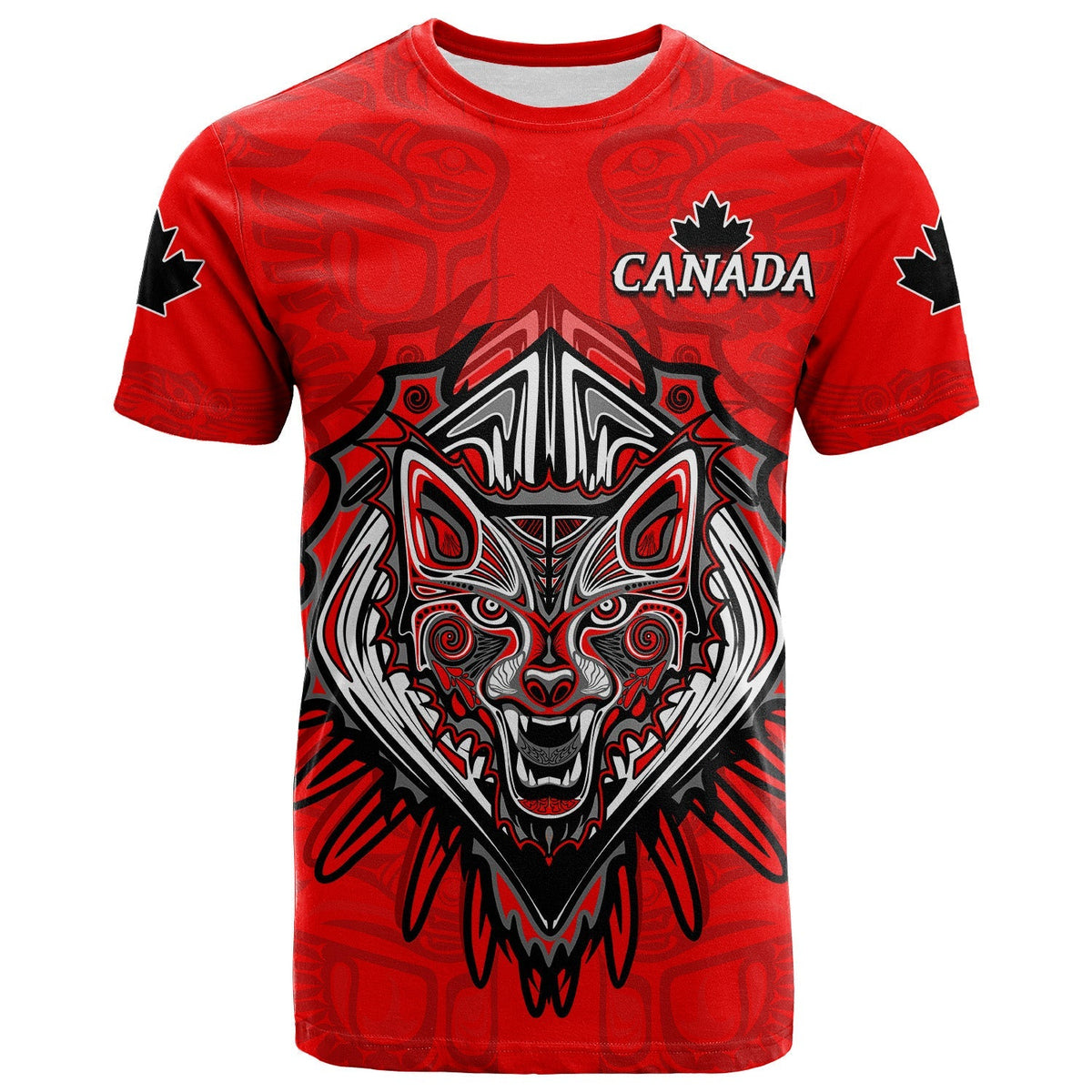 Canada Maple Leaf T Shirt Red Haida Wolf LT13 - Wonder Print Shop