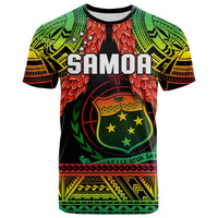 Samoa rugby t-shirt, black with green, yellow, red tribal shield and SAMOA print