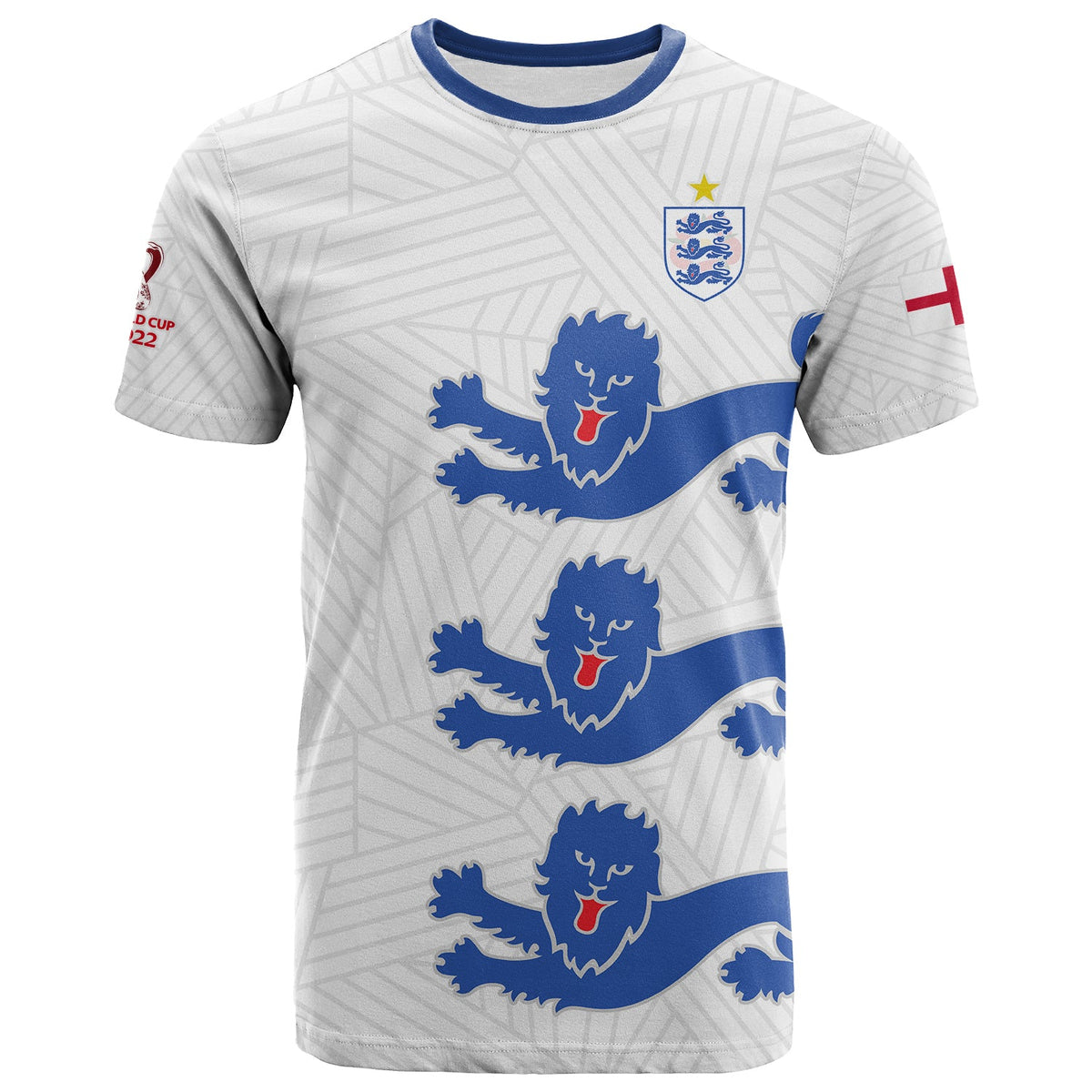 Football t-shirt, white with blue lion wave graphic and England crest on chest