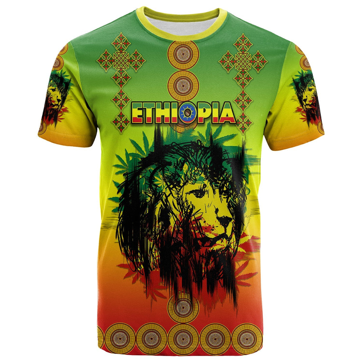 Front view gradient green-yellow-red tee with Ethiopia lettering, lion portrait, red cross ornaments.