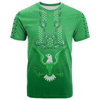 Green short-sleeve T-shirt with white bird and ornamental sunburst graphic