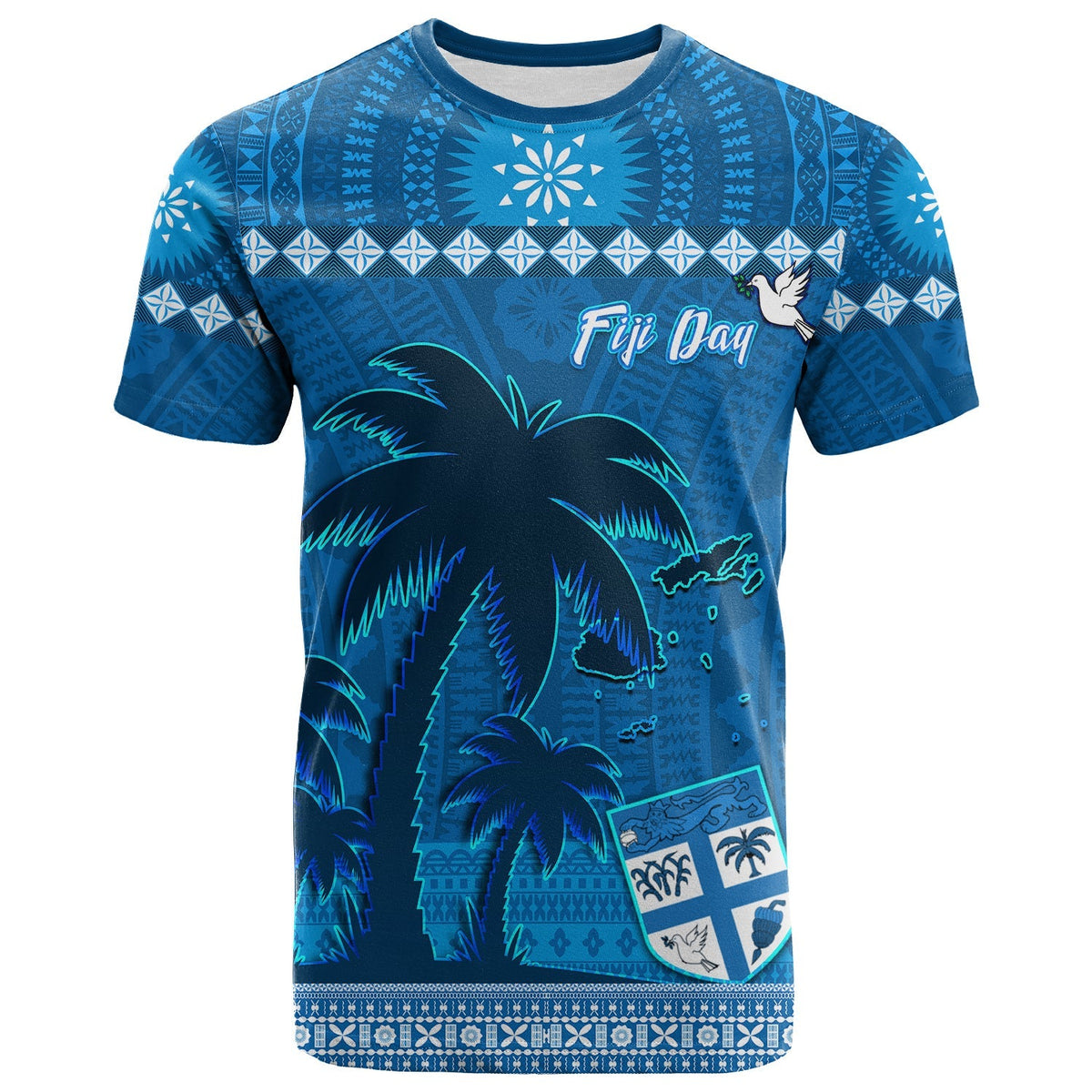 Blue Fiji Day T-shirt with palm trees, 'Fiji Day' logo, and geometric white pattern