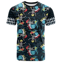 Black short-sleeve T-shirt with skeleton surfer and wave pattern graphic, crew neck