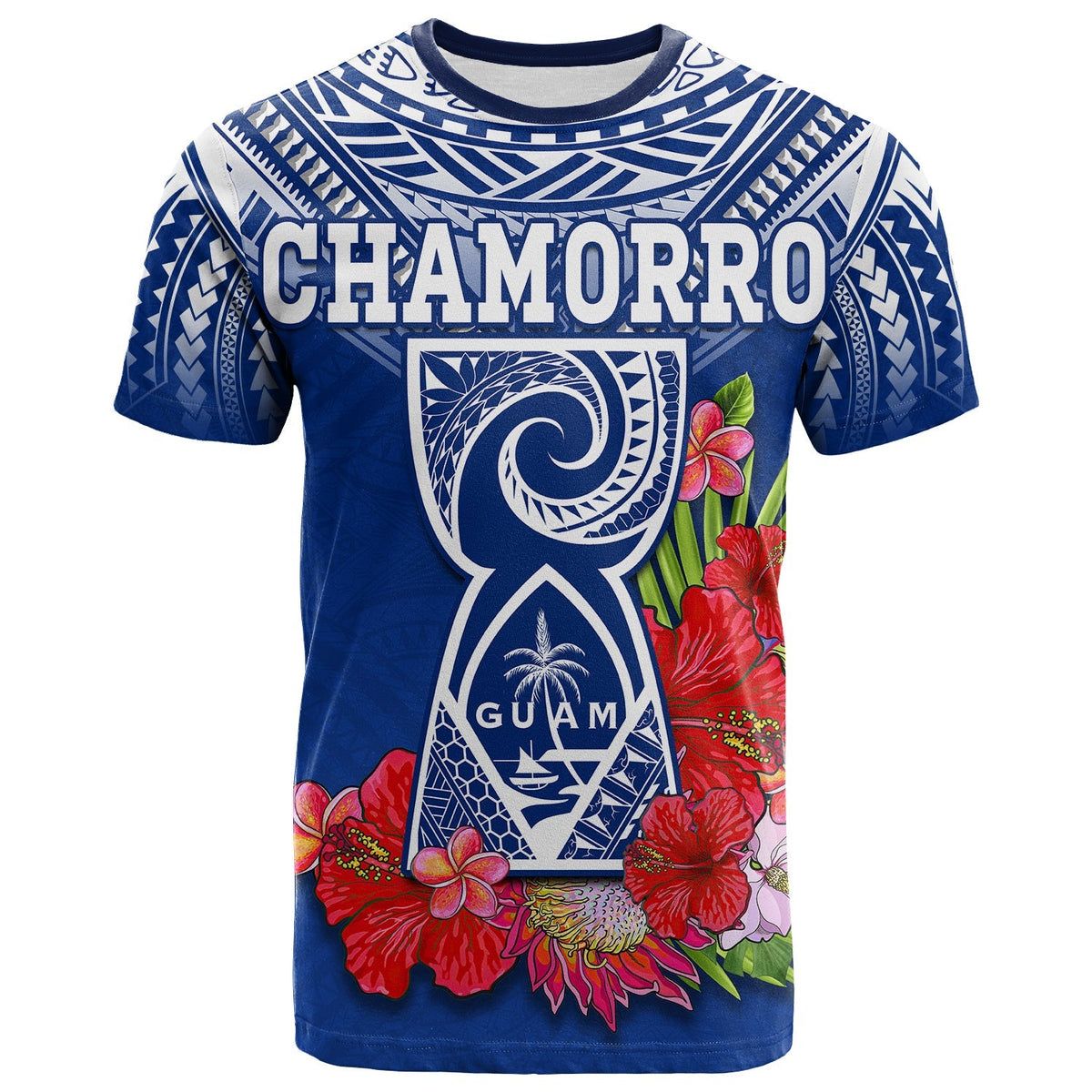 Blue Chamorro T-shirt with tribal sleeves, CHAMORRO logo, tropical flowers and birds