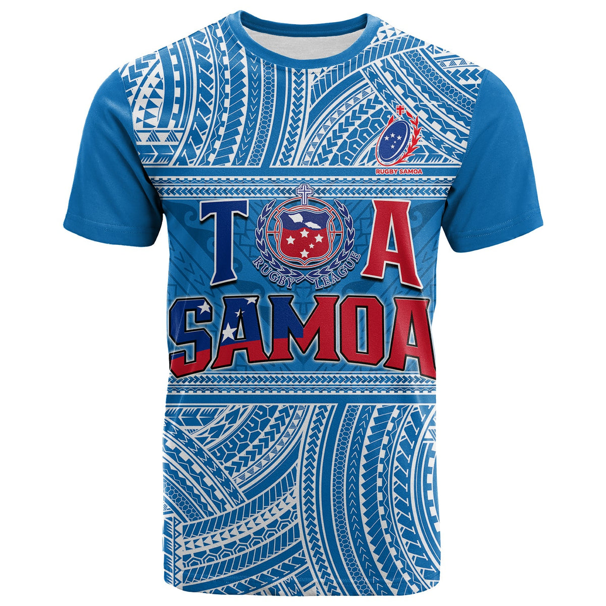 Blue Samoan rugby T-shirt with 'TA SAMOA' graphic and crest emblem