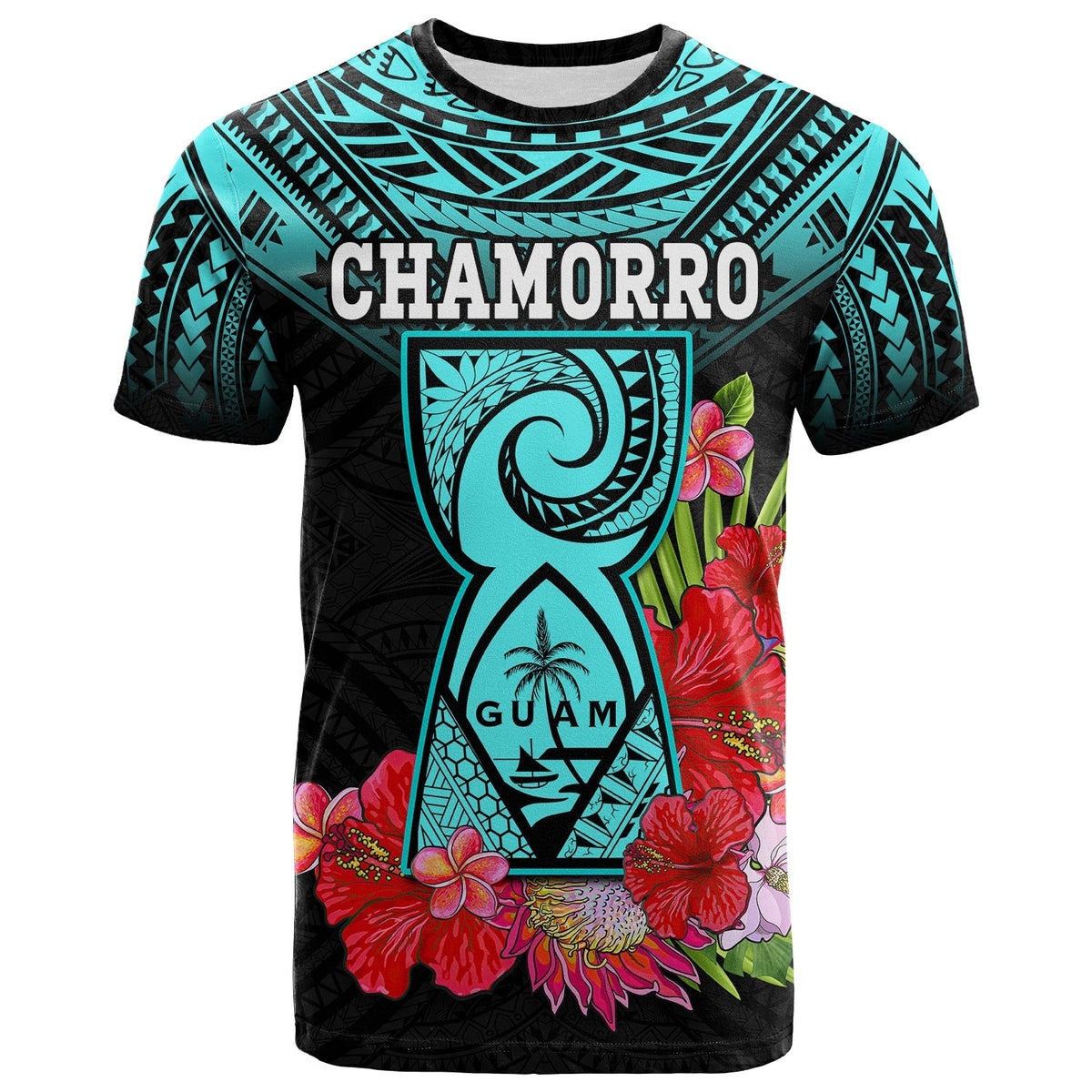 Turquoise and black T-shirt with CHAMORRO and large guam figure amid flowers.
