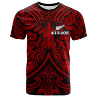 Black and red rugby T-shirt with Maori-style pattern, All Blacks emblem and fern