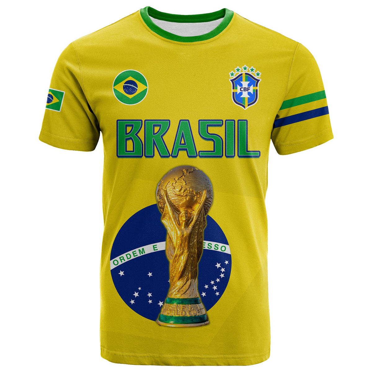 Brazil football T-shirt front: BRASIL text, gold trophy, green collar