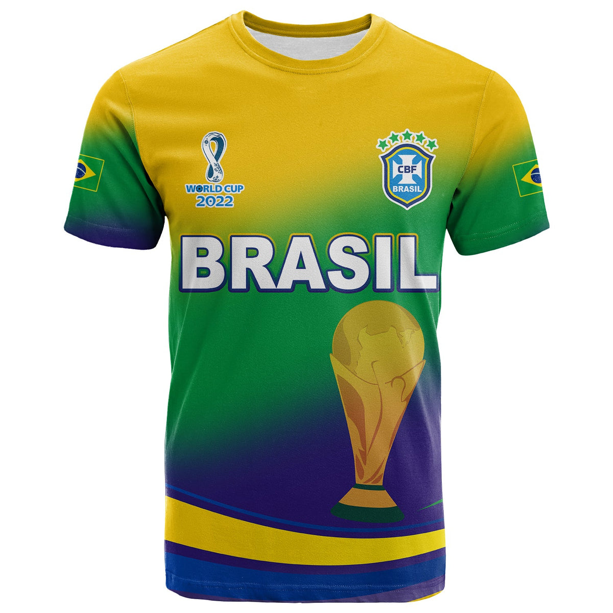 Brazil soccer jersey with BRASIL lettering, World Cup 2022 logo, and trophy graphic