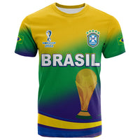 Brazil soccer jersey with BRASIL lettering, World Cup 2022 logo, and trophy graphic